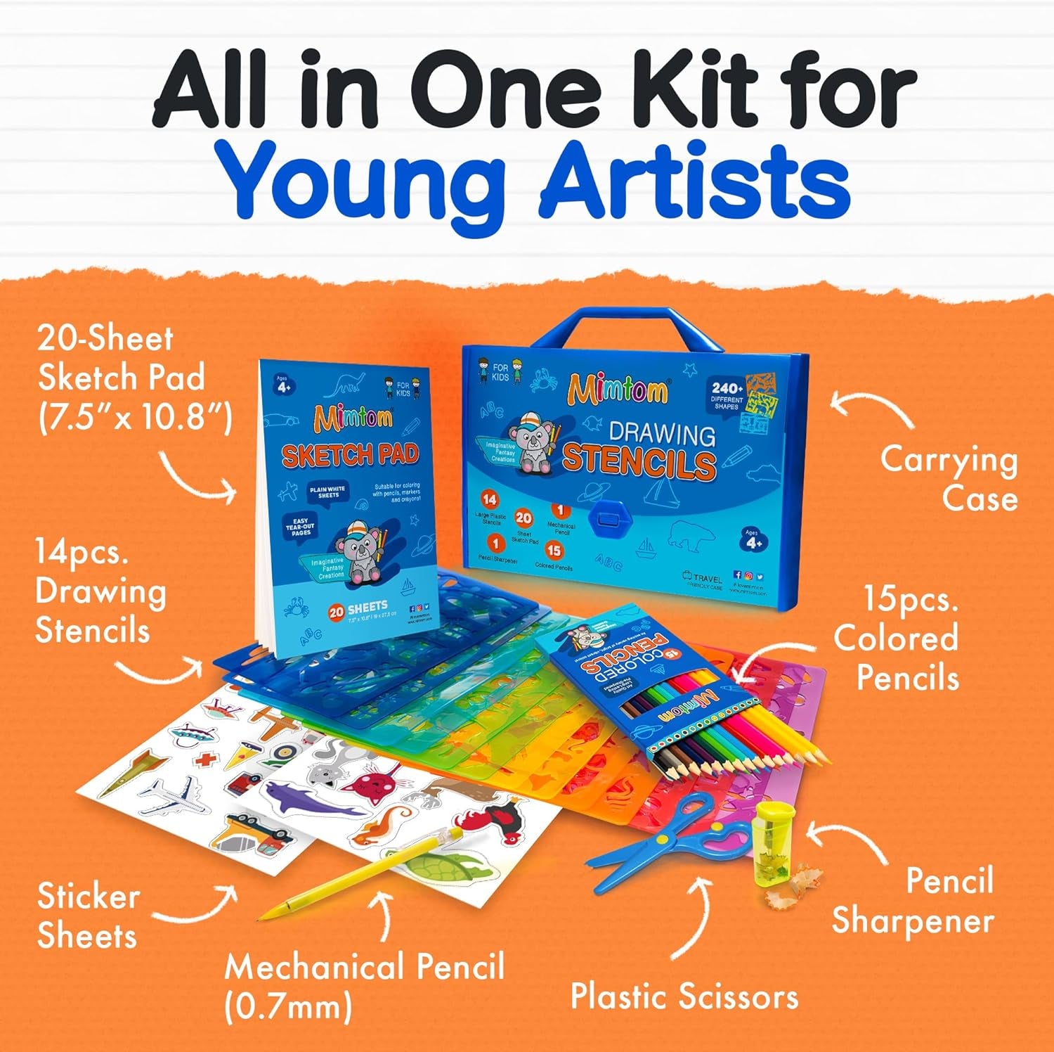 Drawing Stencil Kit for Kids, 51 PC Art Set with 240+ Shapes, Sketch Pad, and Colored Pencils