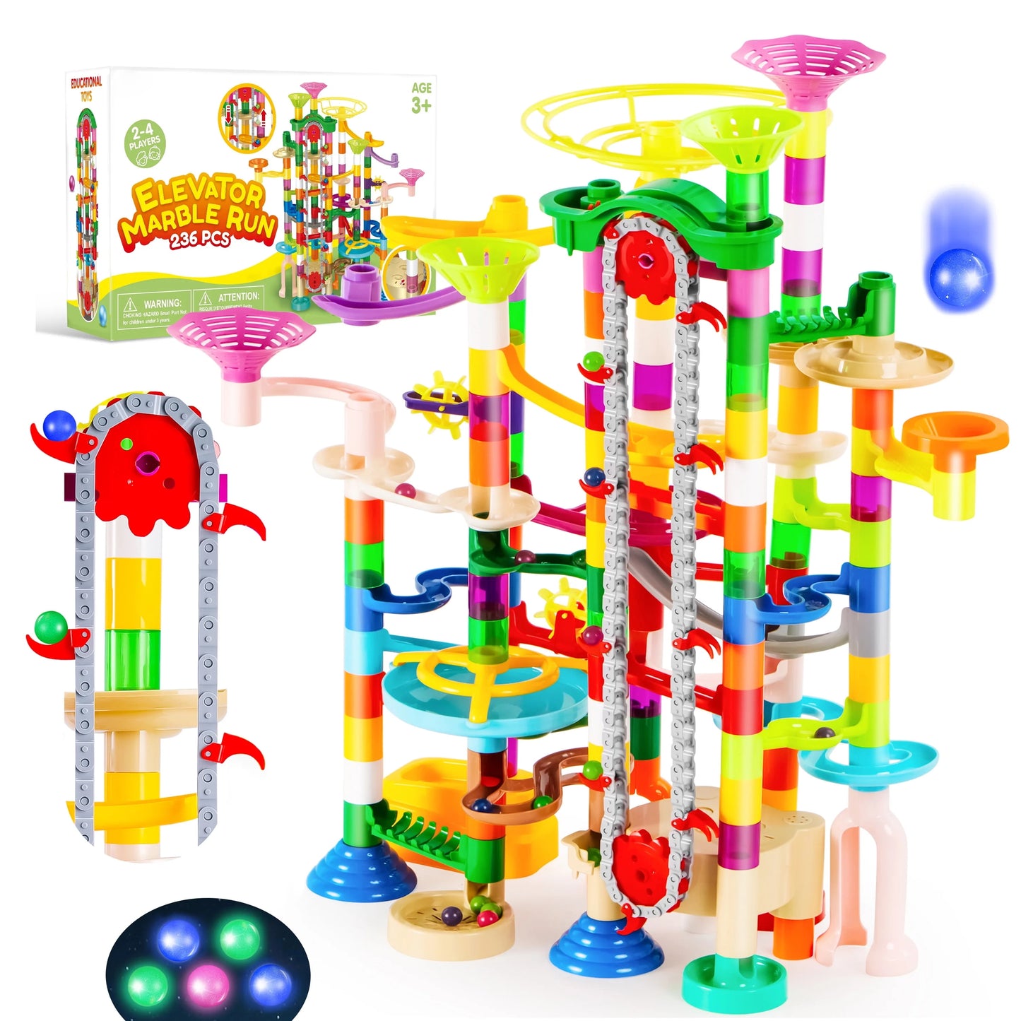 236 Pcs Glowing Marble Run with Motorized Elevator, Construction Building Blocks with 30 Glow in the Dark Marbles